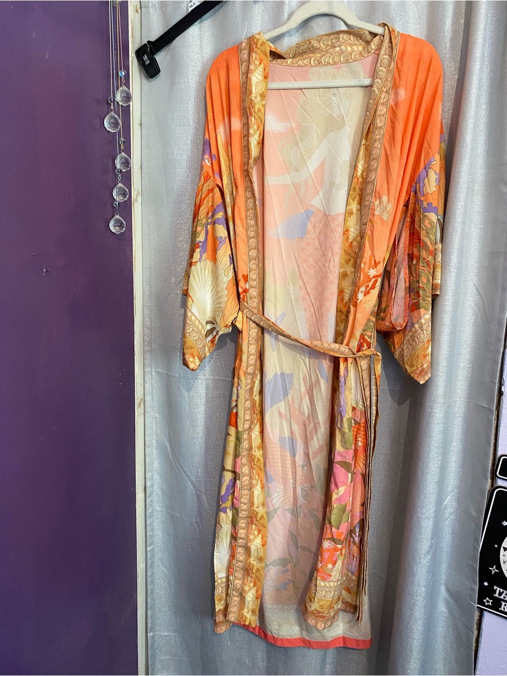 orange bohemian-style kimono features a mermaid print on the back and koi fish - Picture 8 of 9